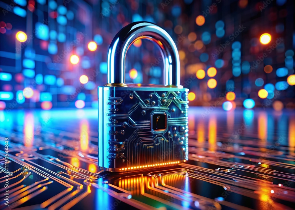 Poster digital security: high-tech padlock & circuit board protecting data