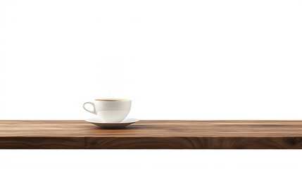 Steaming coffee cup resting on polish brown wooden counter, capturing sharp surface details and rich morning aroma, perfectly isolated on white background for cafe, breakfast, or rustic kitchen themes