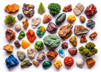 Diverse Colorful Rocks Isolated on White Background - High-Resolution Aerial Stock Photo
