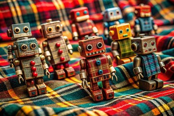 Documentary Photo: Robots Crafted from Plaid Fabric, Close-Up Detail