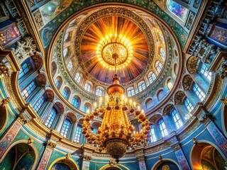 Obraz premium Domed Ceiling, Crystal Chandelier, Temple Interior, Architectural Detail, Double Exposure Stock Photo