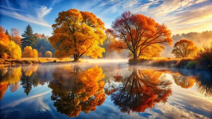 Obraz premium Double Exposure: Autumn Trees Reflected in Calm River - Serene Fall Landscape Photography