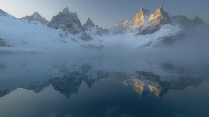 Fototapeta premium Misty sunrise over snow-capped mountains reflected in a calm lake.