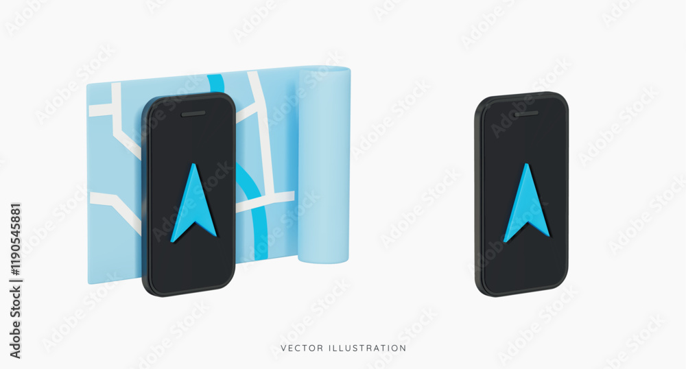 Poster 3d phone with mobile navigator and blue paper map. gps and travel location. track route online. smar