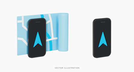 3D Phone with mobile navigator and blue paper map. Gps and travel location. Track route online. Smartphone with navigation arrow. Direction symbol. Cartoon design icon set. 3D Vector illustration