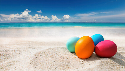 Colorful Easter eggs lie on pristine white sand against a backdrop of turquoise ocean waters and fluffy white clouds in a bright blue sky. Easter or summer holiday concept