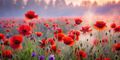 A sea of vibrant red poppies swaying gently in the morning mist, with delicate purple flowers peeking through the foggy veil , blooming flowers, nature scenery