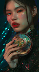 Naklejka premium Model with glitter makeup posing in a portrait showcasing sparkle and shimmer beauty art
