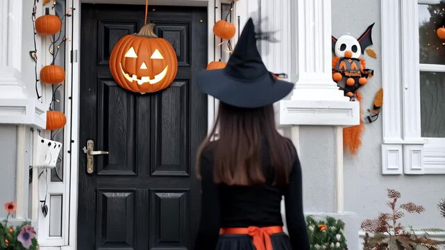 back view of woman in black witch costume going to decorated house