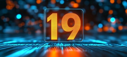 Glowing Digital Number 19 on Futuristic Technology Abstract Background, Digital Number 19 with Bokeh