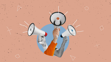 Stylish trendy collage of modern art. Different opinion. Crazy discussion, debate, celebrate, announce, information - three mouth screams in megaphone.