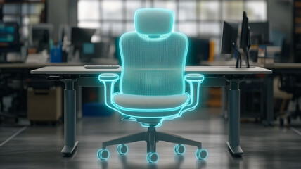 Empty Office Chair: A futuristic, glowing cyan office chair sits empty at a desk in a modern office space, hinting at a vacant position or the quiet solitude of an empty workspace.