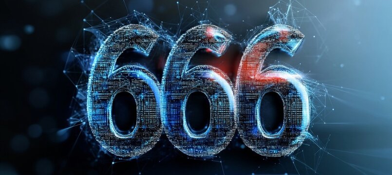 Glowing Digital Single Big 3D Number 666 in Futuristic Style on Digital Abstract Background