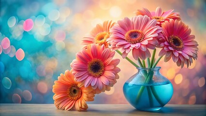 Double Exposure: Vibrant Gerbera Daisies in Blue Vase, Pink Background