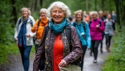 Active Senior Enjoys Nature Walk with Friends, Promoting Healthy Lifestyle in Retirement Years.