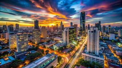 Fototapeta premium Bangkok Twilight Skyline: Aerial View of Modern Commercial Buildings, Thailand