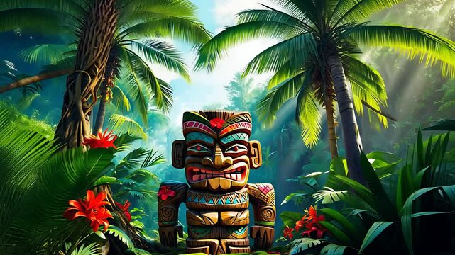 Colorful Tribal Totem in Tropical Jungle with Palm Trees, Bright Flowers, and Sunlit Greenery in a Mystical Setting

