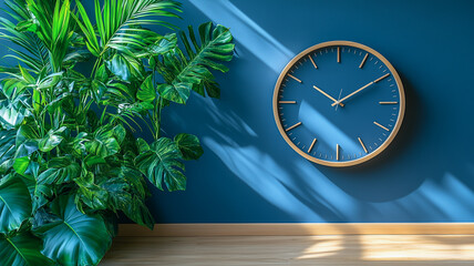 Timeless Design: A minimalist blue wall clock with a wooden frame against a vibrant blue wall, accompanied by lush tropical greenery, creating a sense of calm and tranquility.