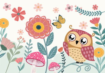 Cute hand drawn background with owl and flower garden.