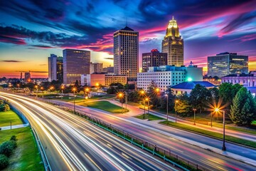 Obraz premium Baton Rouge Louisiana Skyline, Vibrant Cityscape, Long Exposure, Blue Sky, Night