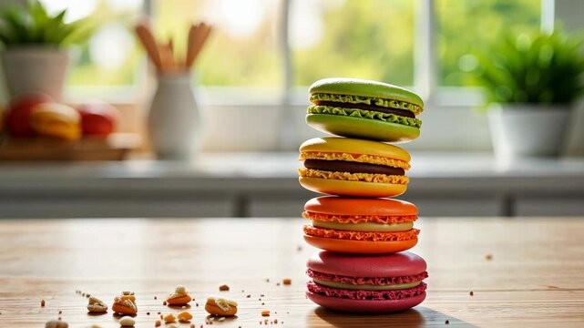 Colorful macarons stacked on a wooden table in a bright kitchen with natural light