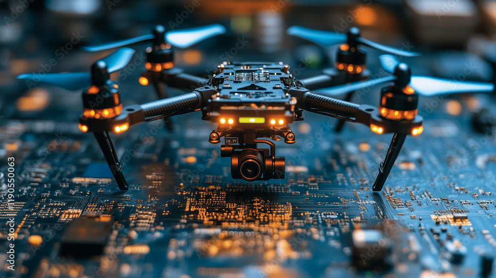 Poster drone technology close-up: a high-tech drone rests on a circuit board, its propellers and lights ill