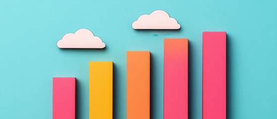 Colorful bar chart with clouds on blue background, symbolizing growth