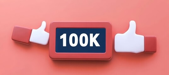 Red Board With 100k Text And Thumbs Up Social Media 100,000 Followers Notification Concept.