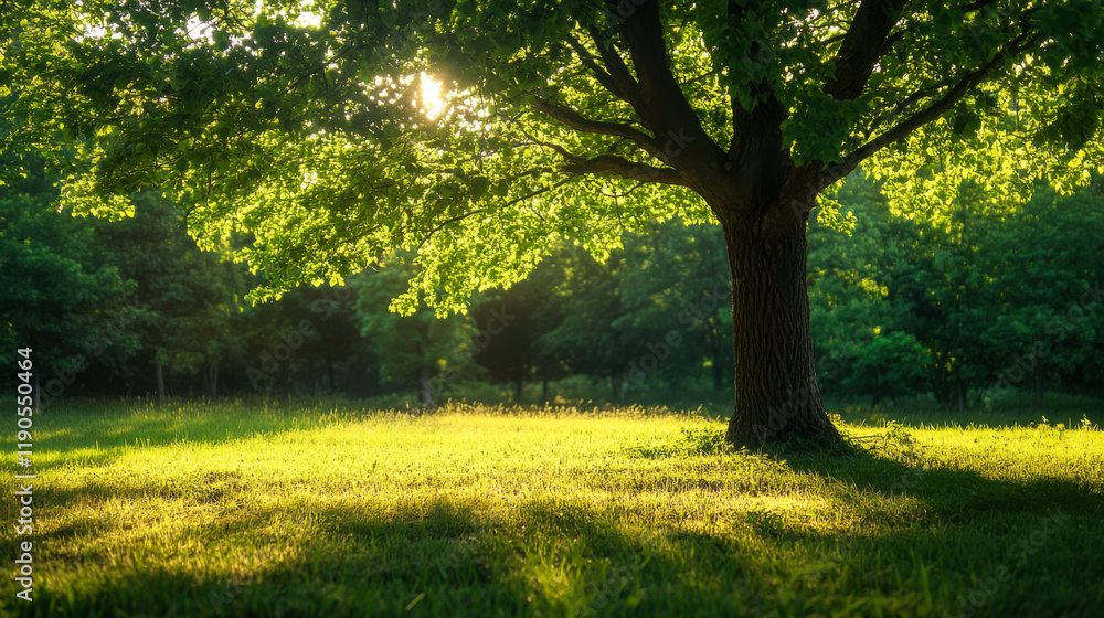 Poster sunlight filters through lush leaves of a large tree in a serene park setting during late afternoon