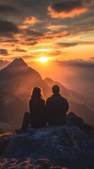 28. A couple enjoying a quiet moment together while watching the sunrise from a mountain peak