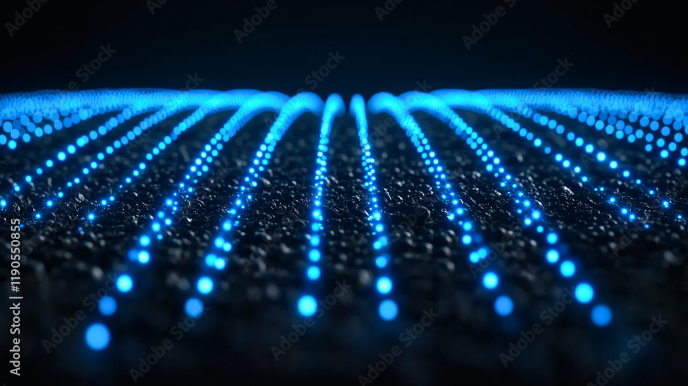 Poster abstract digital field: a mesmerizing digital abstract pattern of glowing blue lines in a field, cre