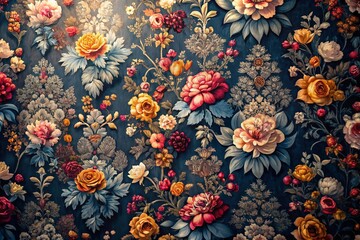 Drone Aerial View: Luxurious Charcoal Floral Wallpaper Pattern - Intricate Design & Elegant Details