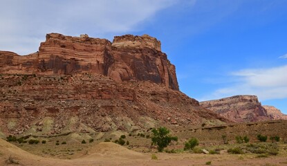 Fototapeta premium dramatic red rock formations on a sunny summer day in the san rafael river canyon along the buckhorn draw scenic byway in the northern san rafael swell near green river, utah 