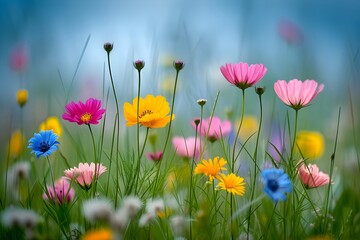 Beautiful colorful flowers in spring sunny meadow. Spring or summer background for Easter, Mother's Day, Women's Day, wedding. Nature wallpaper, banner, poster with copy space