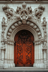 Entrance of a medieval church. Gothic architecture. Intricate details. Created with Generative AI technology