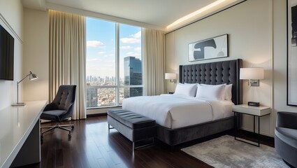 A sleek contemporary hotel room interior with  futuristic design