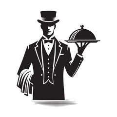 Waiter Silhouette Vector Illustration, Solid White Background.