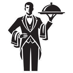 Waiter Silhouette Vector Illustration, Solid White Background.