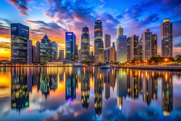 Obraz premium Dusk Cityscape: Modern Waterfront Skyline Reflection