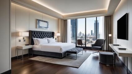 A sleek contemporary hotel room interior with  futuristic design