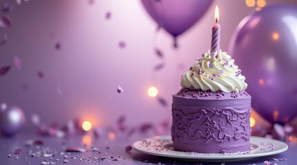 purple birthday cake with candles