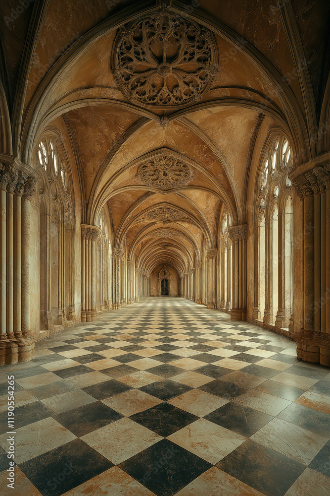 Poster medieval arcade. gothic colonnade. intricate details. created with generative ai technology
