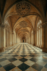 Obraz premium Medieval Arcade. Gothic Colonnade. Intricate Details. Created with Generative AI technology