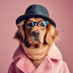 Adorable dog wearing glasses, hat, and pink coat in a fashionable portrait