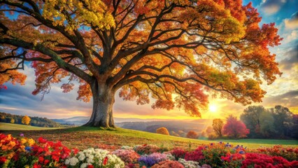 A majestic oak tree with vibrant autumn leaves and colorful flowers blooming in its branches, tree blooms