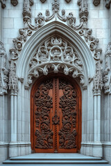 Obraz premium Entrance of a medieval church. Gothic architecture. Intricate details. Created with Generative AI technology