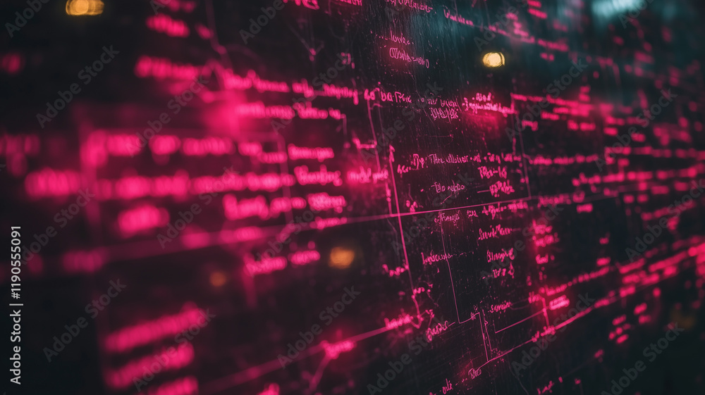 Poster cyberpunk glitch: abstract image of pink and red glowing text on a dark background, evoking a sense 