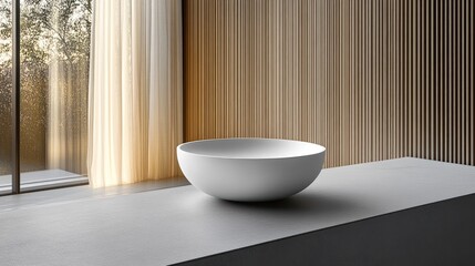 Modern minimalist white bowl sink on gray countertop, wood wall.