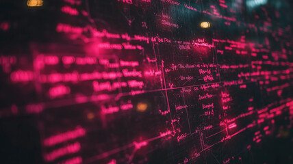Fototapeta premium Cyberpunk Glitch: Abstract image of pink and red glowing text on a dark background, evoking a sense of futuristic technology, data streams, and digital chaos.