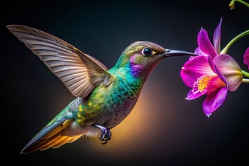 Fototapeta premium Bioluminescent Orchid & Iridescent Hummingbird: Exquisite Macro Stock Photo